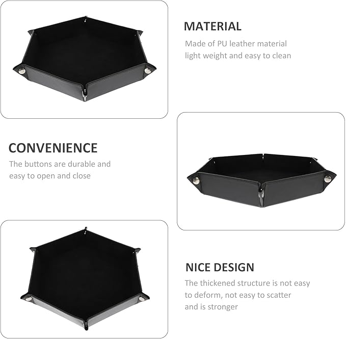 Uonlytech PU Leather Hexagonal Folding Tray Desk Organizer Catchall Storage Plate for Jewelry Watch Keys, Black Desktop Valet Tray for Home Office Use