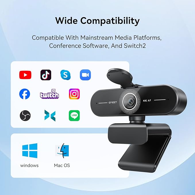 EMEET C60E 4K Webcam for PC - Ultra 4K HD, PDAF Autofocus, Dual Noise-Cancelling Mics, 73° FOV, Auto Light Correction, USB Plug&Play, Privacy Cover, Ideal for High-End Business Meetings&Live Streaming
