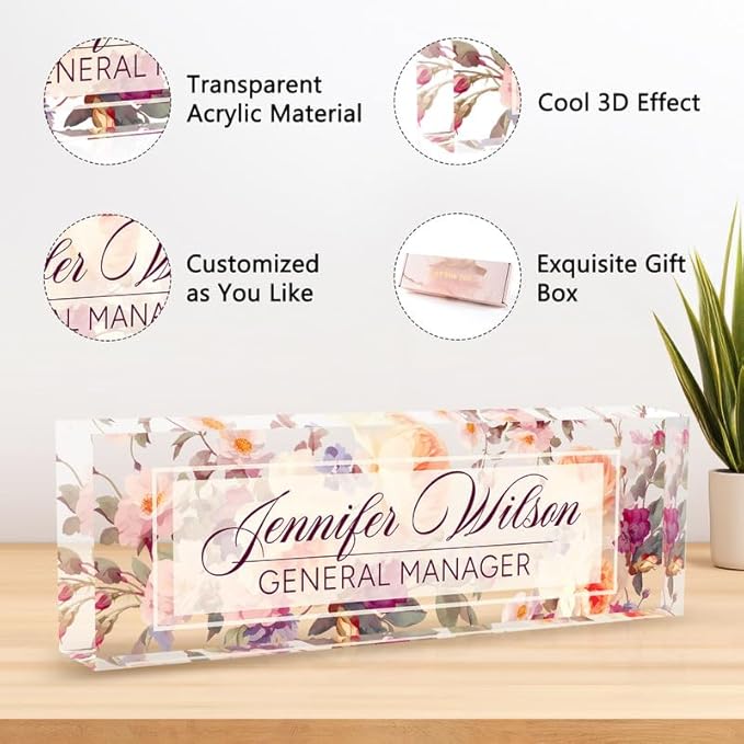 Desk Name Plate Personalized Name Plate for Desk, Office Desk Decor, 3D Style Personalized Plaque Name Plates for Desks Custom Appreciation Gifts for Boss Lady Employee Coworkers (Rosebud)