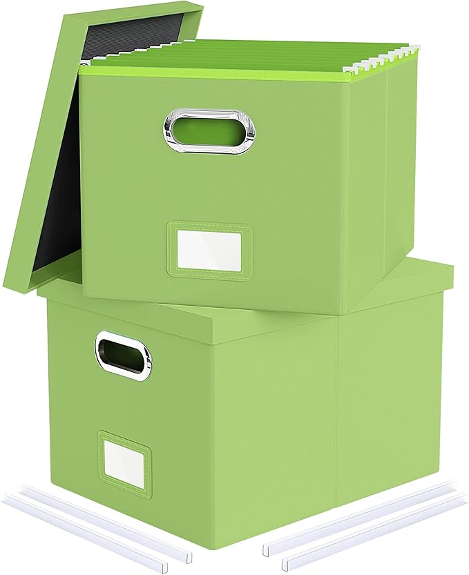 2 Pack File Storage Organizer, Portable File Box with Lid, Fit for Letter/Legal File Folder Storage, Fruit-green(Leather) Box