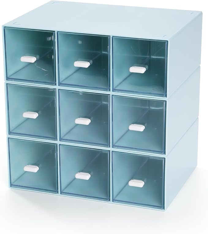 Desktop Drawers, Desk Organizer with 9 Drawers, Stackable Plastic Storage Box for Home Collection, Cosmetics, Office Supplies (3 Tall Layers, Blue)