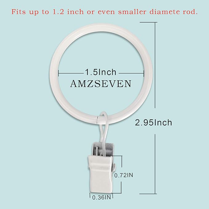 AMZSEVEN 100 Pack Metal Curtain Rings with Clips, Drapery Clips Hooks, Decorative Curtain Rod Clips 1.5 in Interior Diameter, Rustproof White