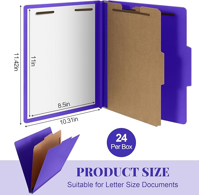 Skyygemm 24 Pcs Classification Folders Letter Size, 1 Divider Pressboard File Folder with Fasteners, Expanding File Organizer Bulk for Teachers, Clergy, Office, Church, Christmas Donations (Purple)
