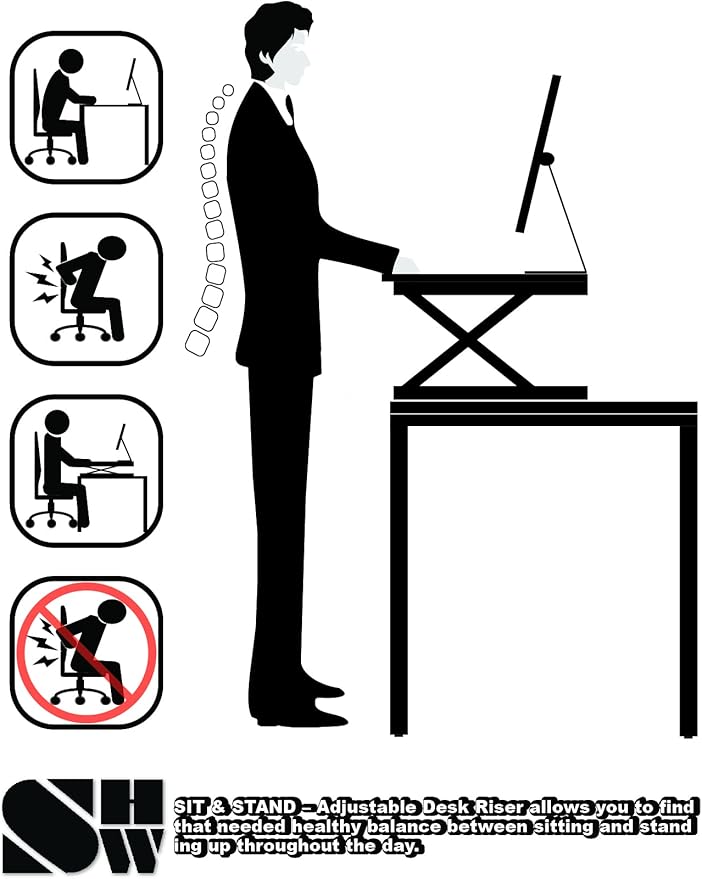 SHW 32-Inch Height Adjustable Standing Desk Converter Riser Workstation with Drawer, White