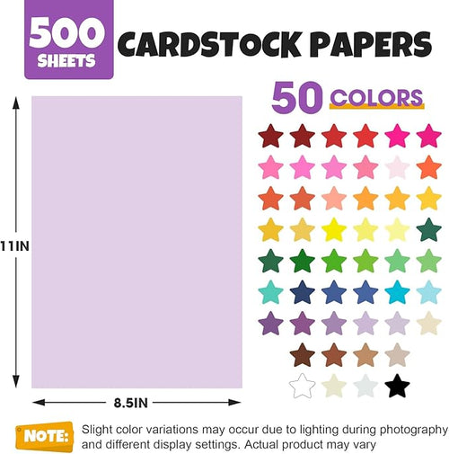 500 Sheets 8.5" X 11" Colored Cardstock, 50 Assorted Colors Construction Paper Card Stock Printer Paper for Printing, Card Making, DIY Crafts,School Supplies,Party Decorations (180GSM/65LB)