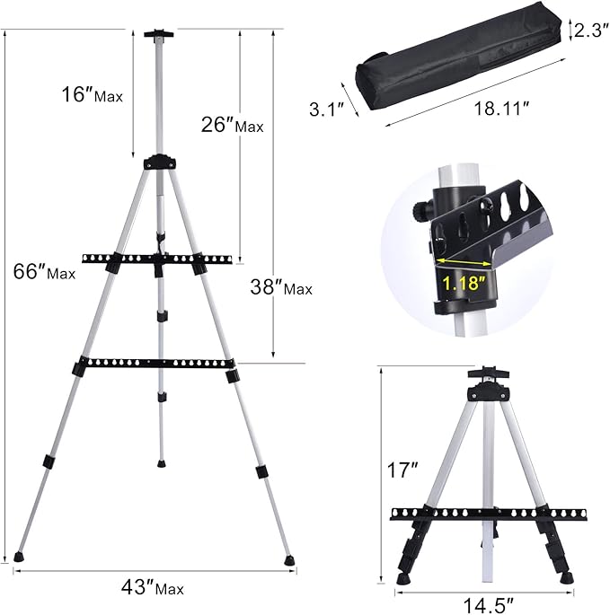 Portable Artist Easel Stand - Adjustable Height Painting Easel with Bag - Table Top Art Drawing Easels for Painting Canvas, Wedding Signs & Tabletop Easels for Display - Metal Tripod - 17x66 inches