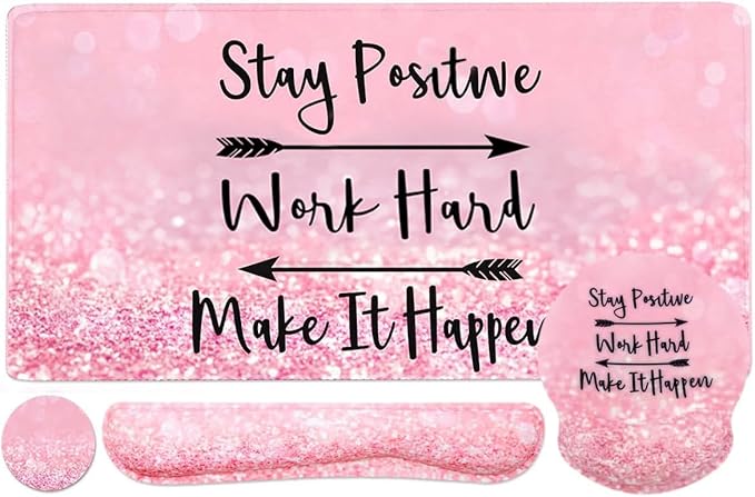 4-in-1 Gaming Mouse Pad Wrist Support Set，Desk Pad + Mouse Pad with Wrist Rest + Keyboard Wrist Rest + Coaster, Ergonomic Design for Home Office Study Game - Pink Stay Positive