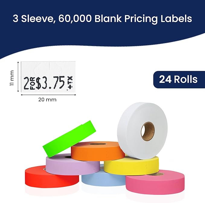Monarch 1131 Multicolored Sleeves—24 Rolls, 3 Sleeves, 60,000 Labels for Monarch 1131 Price & Date Guns—Includes White, Yellow, Blue, Lavender & Fluorescent Colors (Red Green Pink Orange)—Made in USA