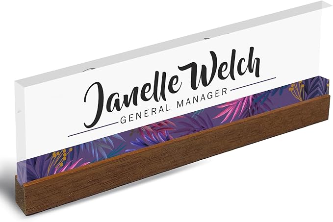 Artblox Personalized Office Desk Name Plate and Business Card Holder | Clear Acrylic Glass with Teak Wood Stand | Purple Stripe Design Customized with Your Name and Credentials Office Desk Décor