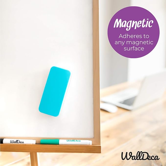 WallDeca Dry Erase Eraser, Felt Bottom Surface Whiteboard Eraser, Magnetic, Teal