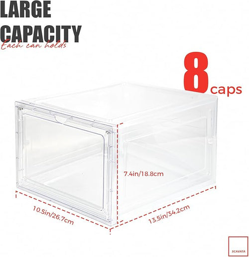 6 Pack Hat Organizer Box, Stackable Clear Baseball Caps Holder Box Containers with Magnetic Door for Hats Snapback Cap Storag, Hat Rack Display Case, Holds 8 Hats Each (Clear)