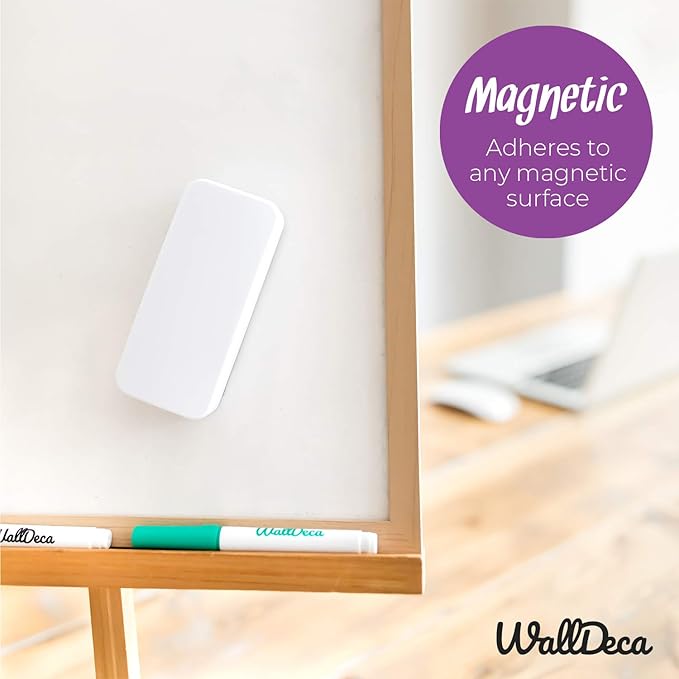 WallDeca Dry Erase Eraser, Felt Bottom Surface Whiteboard Eraser, Magnetic, Works on All Dry Erase Surfaces, Glass Board and Whiteboard (White)