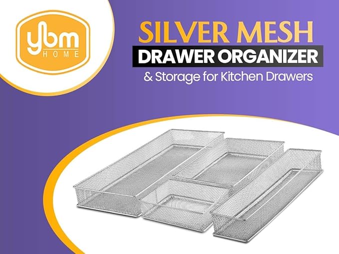 YBM HOME Silver Mesh Drawer Organizer and Storage for Kitchen Drawers, Serves as School Supply Holder, Office Desktop Organizer Basket, Makeup and Craft Supplies Organization, (1 Unit, 4x12x2 Inch)