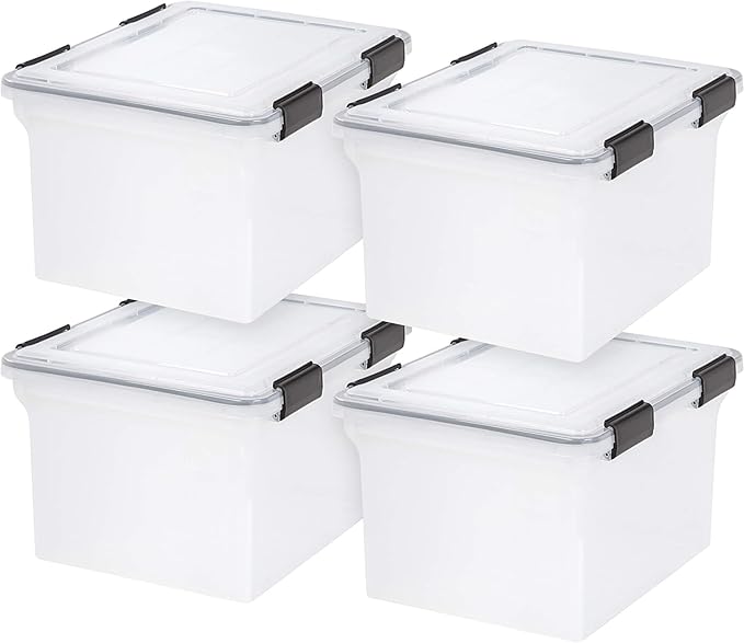 IRIS USA File Box WeatherPro File Organizer Plastic File Box for Letter/Legal File, Water Resistant Document Box, Durable Lid, Seal w/Secure Latching Buckles, Stackable, Nestable, Clear 32 Qt. 4Pack