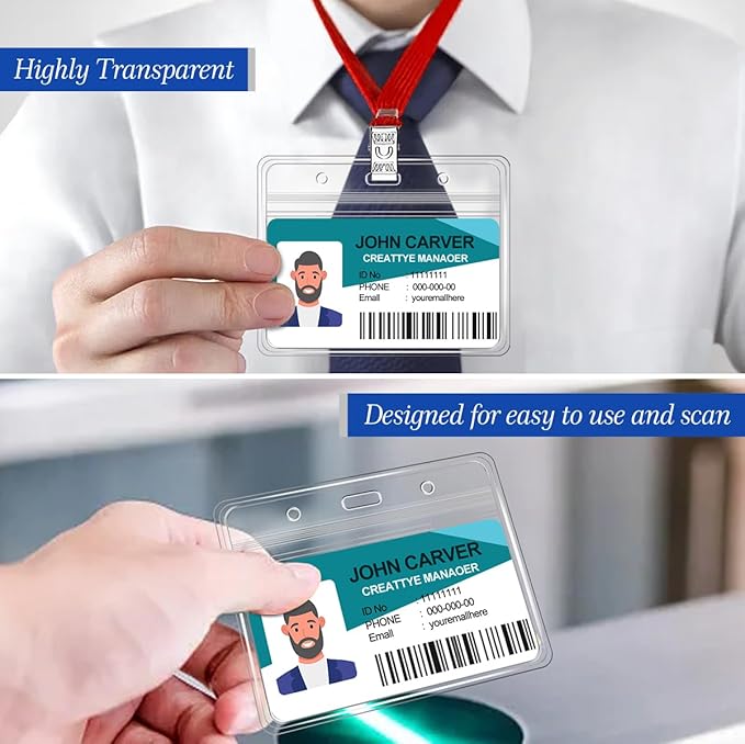 100 Pcs Clear Horizontal Badge Id Card and 100 Pcs Lanyard, Reusable Lanyards for Id Badge Holder Name Tag Badge Holder with Lanyards for Adults Kids Business School Conferences (Red)