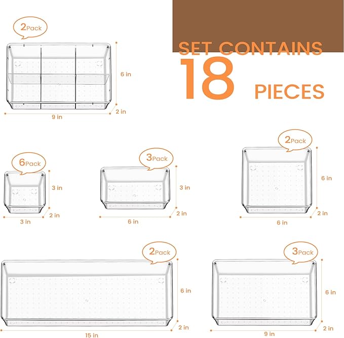 Criusia Drawer Organizer - 18 Pack Clear Large Kitchen Drawer Organization Trays, Non-Slip Dividers for Makeup, Jewelry, Utensils, Office, Bedroom, Bathroom
