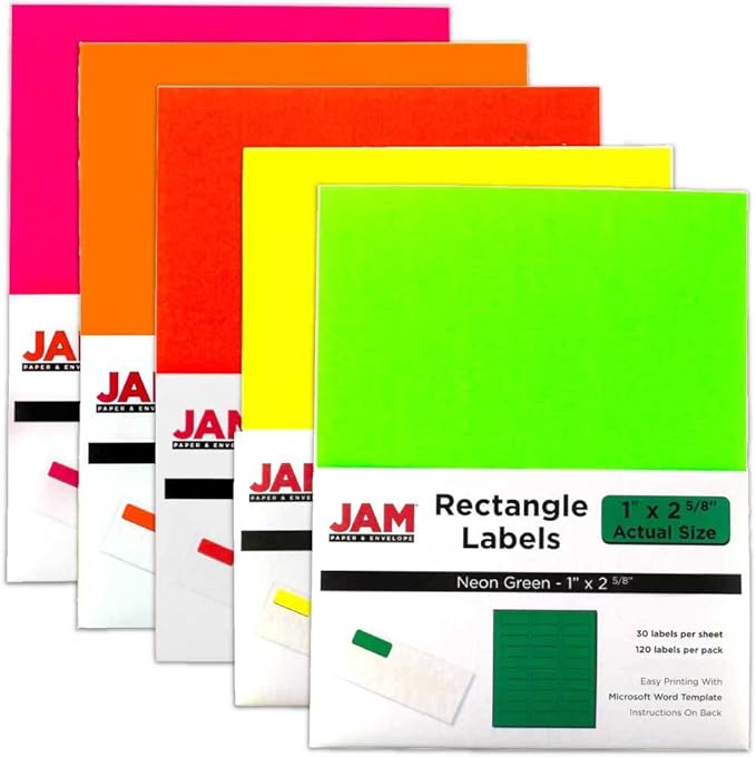 JAM PAPER Return Address Labels - Standard Mailing - 1 x 2 5/8 - Assorted Neon Colors - 600 Shipping Labels/Pack