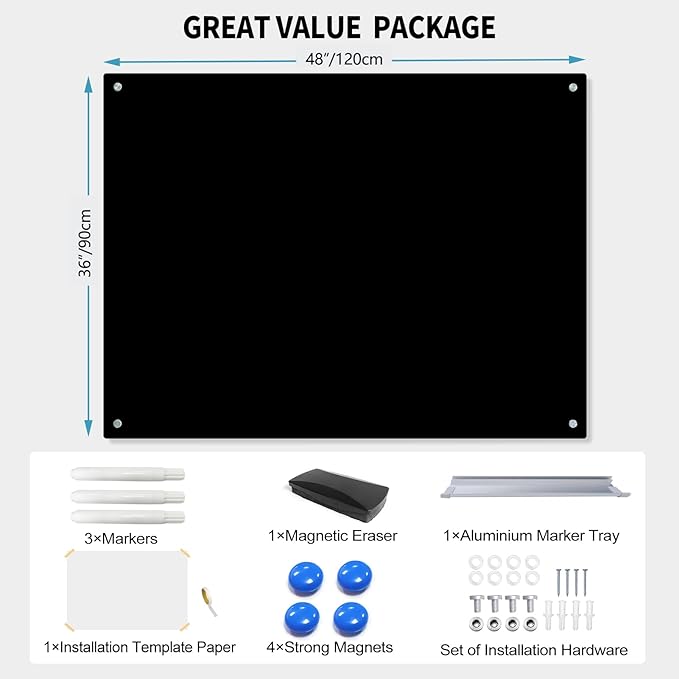 Magnetic Glass Dry Erase Board White Board Wall Mounted Whiteboard, Large Frameless White Board (Glassboard Black, 48" W x 36" H)