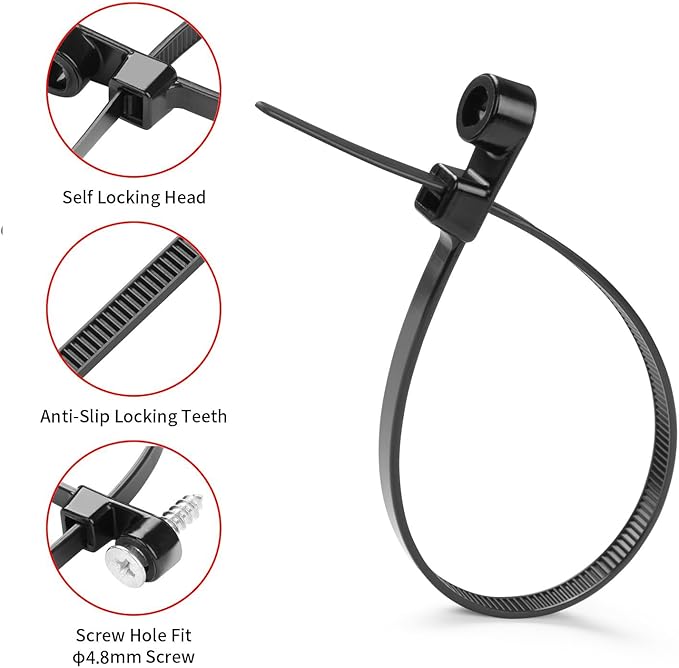 Heavy Duty Screw Mount Cable Ties 8 Inch, UV & Weather Resistant Black Nylon Straps with Screw Hole - Heat & Cold Resistant for Reliable Outdoor, Garage, Workshop Organization (100 Pack)