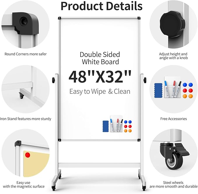 Rolling Whiteboard, Double Sided Magnetic Dry Erase Board Height Adjustable Whiteboard with Stand for Home Office Classroom (48" x 32")