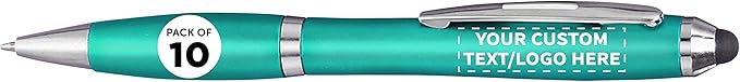 DISCOUNT PROMOS Custom Plastic Stylus Pens Set of 10, Personalized Bulk Pack - Black Ink, Great for Office, School, Business, Tradeshows, Events - Teal