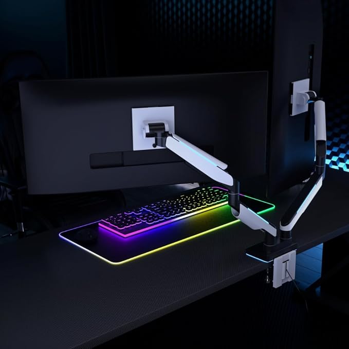 Mount-It! Heavy Duty Dual Monitor Arm up to 35 in. 44 lbs Screens, RGB Lights, 75x75 100x100 VESA Desk Mount for 2 Widescreen Curved Monitors 27 32 34 35 inches, Gas Spring, Clamp, Grommet, RGB Lights