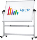 VIZ-PRO Double-Sided Magnetic Mobile Whiteboard, 48 x 32 Inches, Aluminium Frame and Stand