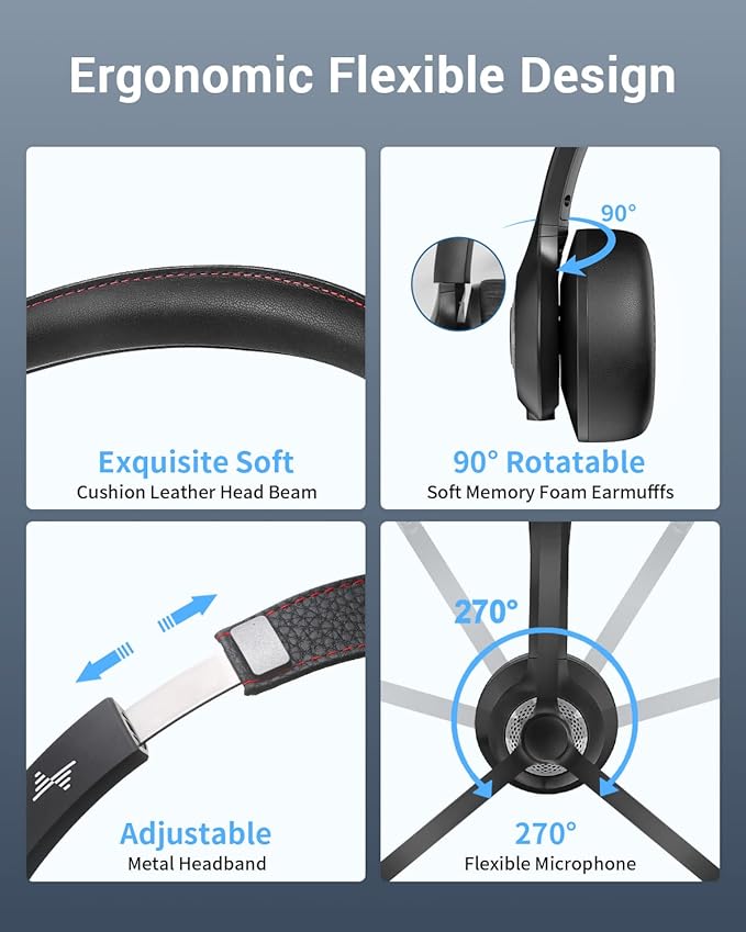 JIAMQISHI Wireless Headset with AI Noise Cancelling Microphone Bluetooth Headset - Bluetooth V5.2 Headphones with USB Dongle & Mic Mute for Computer/Laptop/PC/iPhone/Android/Cell Phones
