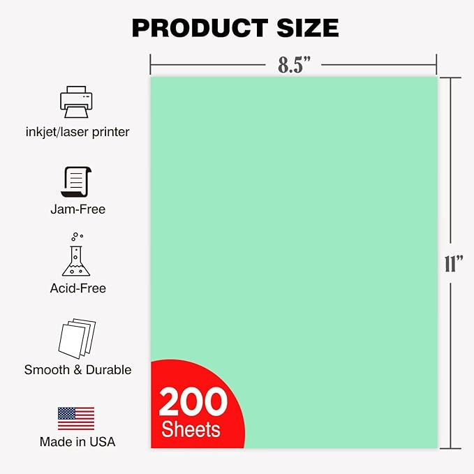 WritePads Veritas Colored Copy Paper, Green Colored Printer Paper 8.5” x 11”, 20 lb / 75 GSM, 200 Sheets (1 Reams) Computer Paper, Multi-Purpose paper, Made in USA