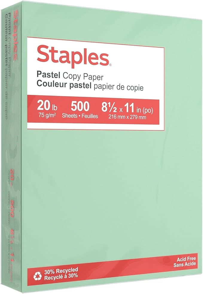 Staples Pastel Recycled Color Copy Paper - 20 lbs, Green, 8.5" x 11", 500 Sheets, Acid-Free, Eco-Friendly Printer Paper