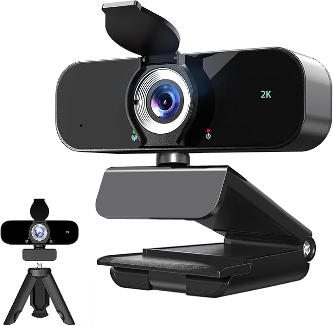 Lusinx 2K Webcam for Computer, USB Plug&Play, Auto Low Light Correction, Privacy Cover, Tripod, Wide Angle for Meeting/Online Video/Zoom, Web Cam with Microphone