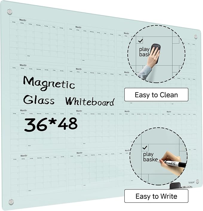 Magnetic Glass Dry Erase Board Calendar- White Board 48 x 36 Inch Wall Mounted Yearly Whiteboard, Large Frameless Glass White Board for Wall Office, Home & School