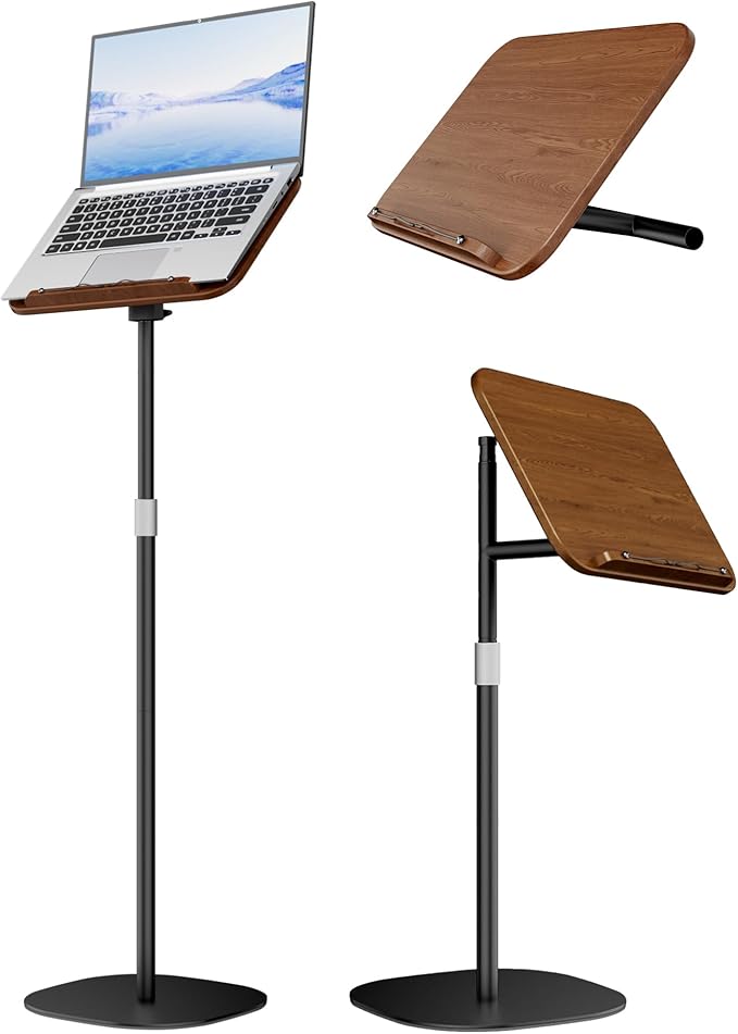 Laptop Stand Floor, Wood Music Stand, Tablet Floor Stands Adjustable Height, Tall Book Stand Hands Free, for Projector, Office, Study, Brown