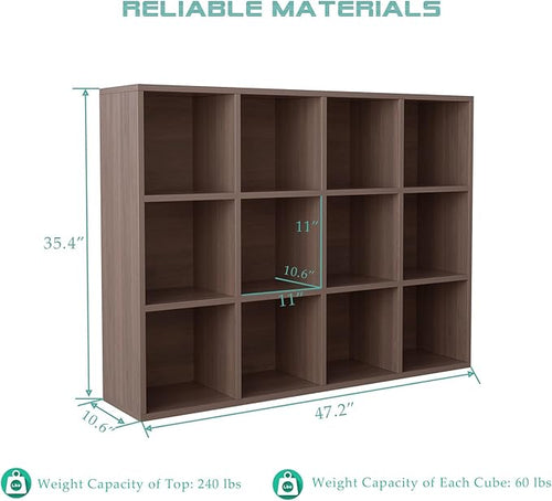12-Cube Storage Shelf Bookcase - Wooden 3-Tier Floor Standing Open Bookshelf for Home and Office, Cuby Orgainzer, Walnut