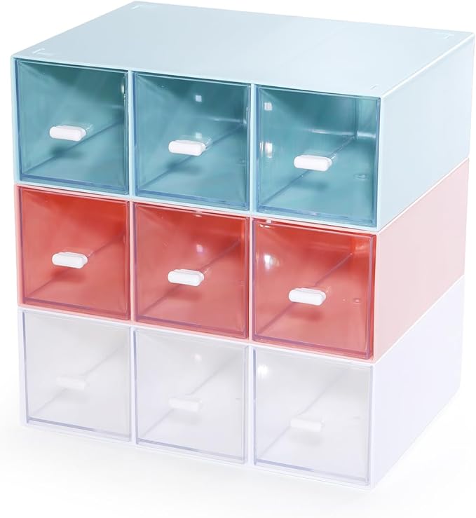 Desktop Drawers, Desk Organizer with 9 Drawers, Stackable Plastic Storage Box for Home Collection, Cosmetics, Office Supplies (3 Tall Layers, Mixed Colors)