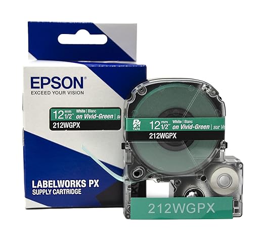 Epson LABELWORKS 212WGPX Genuine PET (Polyester) Tape Cartridge - White on Green Label Maker Tape - 1/2" (12MM) Wide, 30'