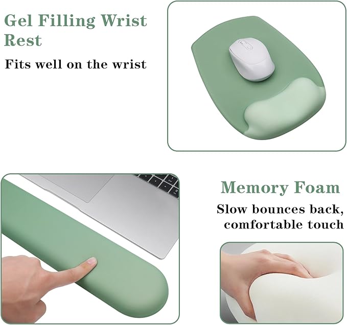 Wrist Rest Support for Mouse Pad and Keyboard Set, Ergonomic Gel Computer Keyboard Wrist Rest with Memory Foam for Long Hours of Work, Gaming, Studying-Relieve Wrist Pain (Mint Light Green)