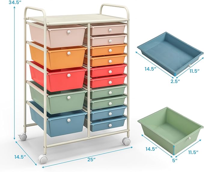 ARLIME 15-Drawer Storage Cart, 15 Drawer Trolley, Rolling Organizer Cart, Scrapbook Paper Organizer, Suitable for Office and School, Rolling Office Storage Tools