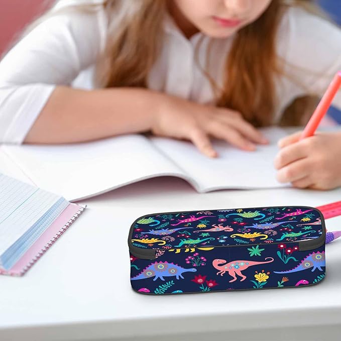 Dinosaur Pencil Bag Cartoon Dinosaurs Animal Flowers Colorful Big Capacity Pencil Case Pencil Pouch Pen Bag School Students Boy Girl