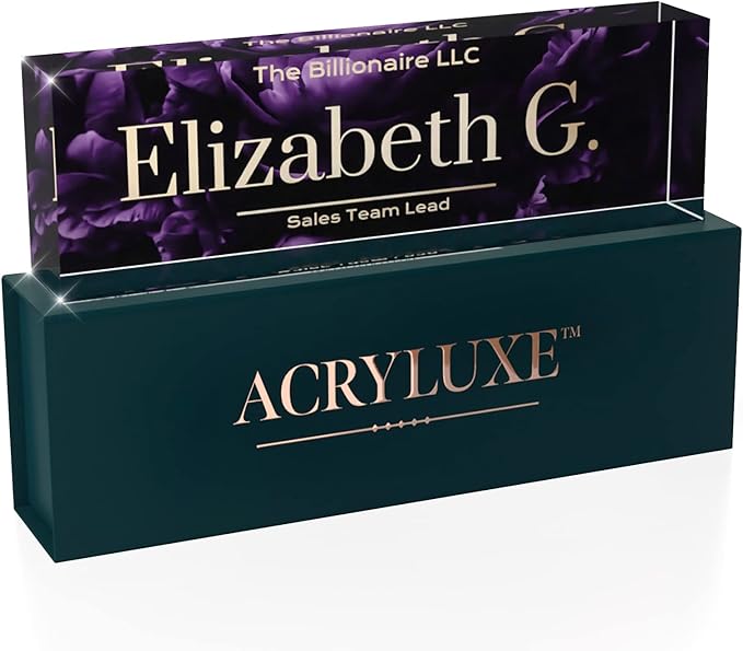 Desk Name Plate Personalized, Custom Name Plates 2½/x8 Inches, Thick Crystal-Clear Acrylic, Gift Box, Office Desk Decor. USA Made by ACRYLUXE (Blossom)