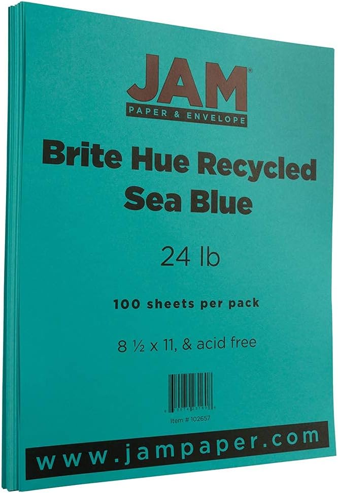 JAM PAPER Colored 24lb Paper - 90 gsm - 8.5 x 11 - Sea Blue Recycled - 100 Sheets/Pack