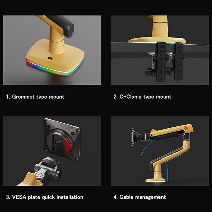 NB Gaming Monitor Arm or for 32 to 60 Inches Screen, Load up to 20 kg, VESA 75/100, RGB-Light, Heavy Duty, Multi Angle Adjustable, Premium Aluminum, Yellow