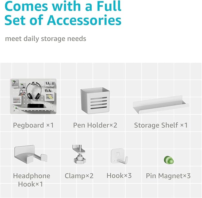 PEGZONE Clamp-on Desk Pegboard, Desk Organizer for Office Gaming Home, Magnetic Metal Peg Board with 10 Accessories, Privacy Panel for Office, 16.5" x 12.6", Medium, White