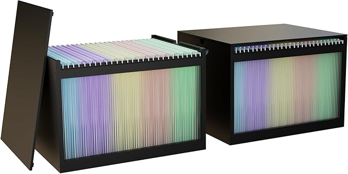 Bamboo Hanging File Boxes with Lids 2 Pack, File Organizer Box for Letter/Legal File, File Box with Hanging Folders Acrylic Light Easy Assembly File Storage Boxes for Home Office, Black