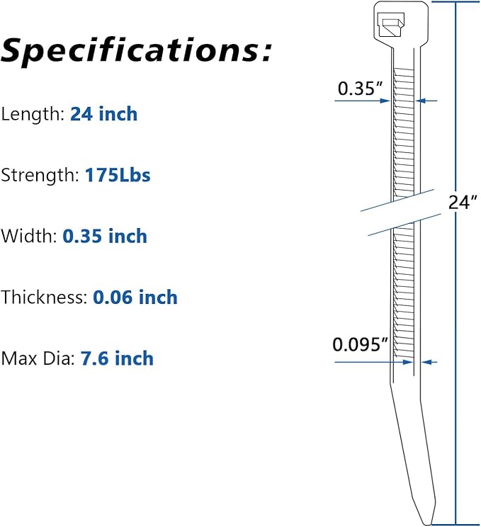 100PCS Cable Zip Ties Heavy Duty 24 Inch Strong Large Cable Wire Ties, Industrial Durable Strong Wire Ties for Binding Fences, Awnings Tying Branches Bundling of Crops Fixed Water Pipes