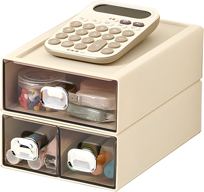 Spacious Desk Drawers, Stackable Desktop Organizer, Plastic Storage Box for Office, School & Home Supplies (1 Middle & 2 Small Drawers, Cream)