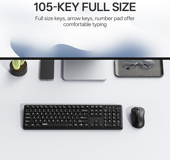 Rapoo X2100 Quiet Wireless Keyboard and Mouse Combo, 2.4GHz USB Receiver, 12 Multimedia Keys, Spill-Proof, Full-Sized, Compatible with PC, Laptop, Black