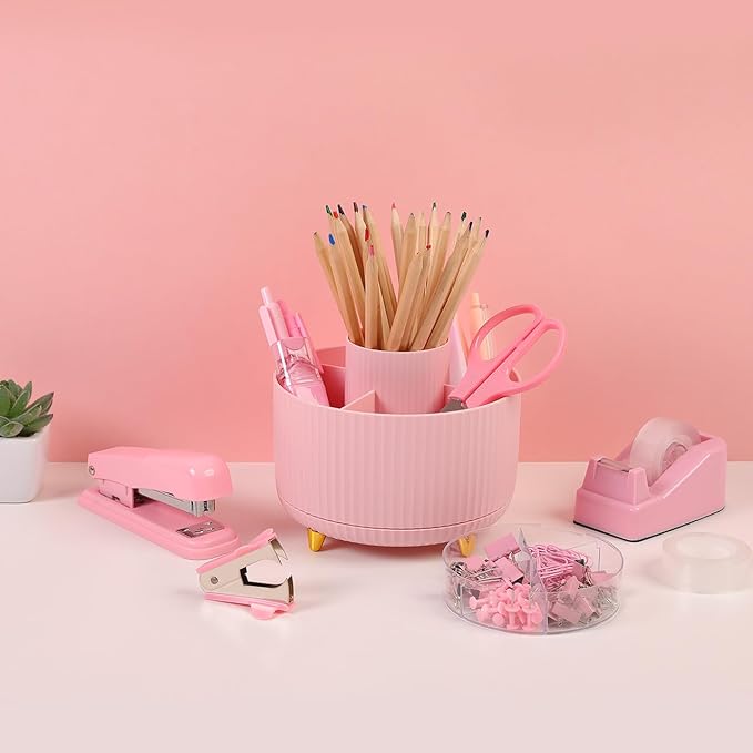 SKYDUE Pink Office Supplies Set, Pencil Holder for Desk,Gel Pen, Stapler, Tape Dispenser, Scissors,Clips and 1000pcs Staples, Office Decor for Women, Pink Desk Accessories