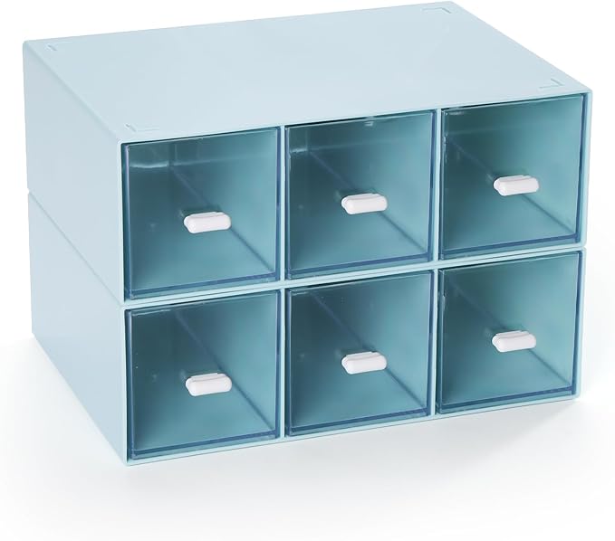 Desktop Drawers, Desk Organizer with 6 Drawers, Stackable Plastic Storage Box for Home Collection, Cosmetics, Office Supplies (2 Tall Layers, Blue)