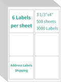InpourPack 6 UP Labels, 4" x 3-1/3" Shipping Address Labels for Laser Inkjet Printer, Self Adhesive, Blank Mailing Sticker Printer Paper (500 Sheet=3000)